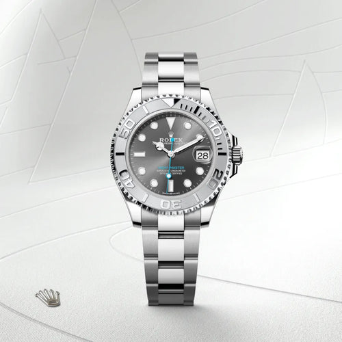 Rolex Yacht-Master 37 in Rolesium - combination of Oystersteel and platinum with a Slate dial, Platinum bidirectional rotatable 60-minute graduated with raised numerals bezel, Oyster, three-piece solid links bracelet