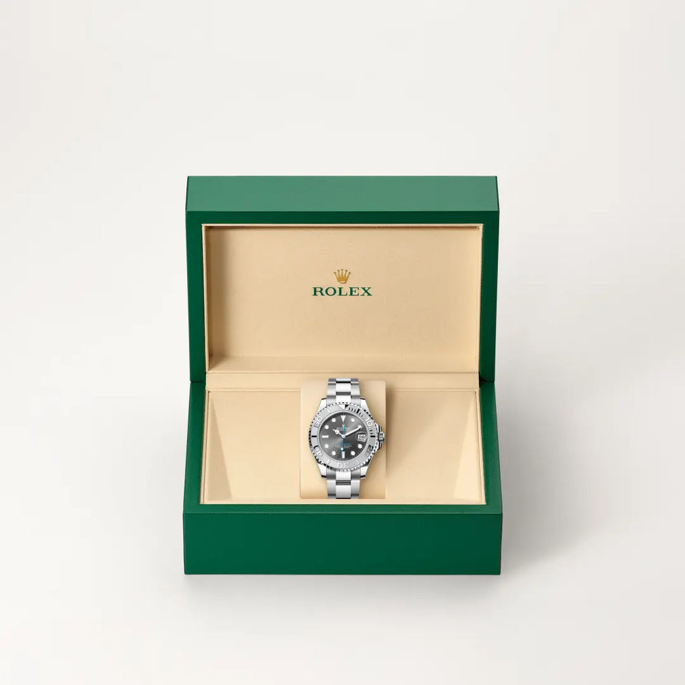 Rolex Yacht-Master 37 in Rolesium - combination of Oystersteel and platinum with a Slate dial, Platinum bidirectional rotatable 60-minute graduated with raised numerals bezel, Oyster, three-piece solid links bracelet
