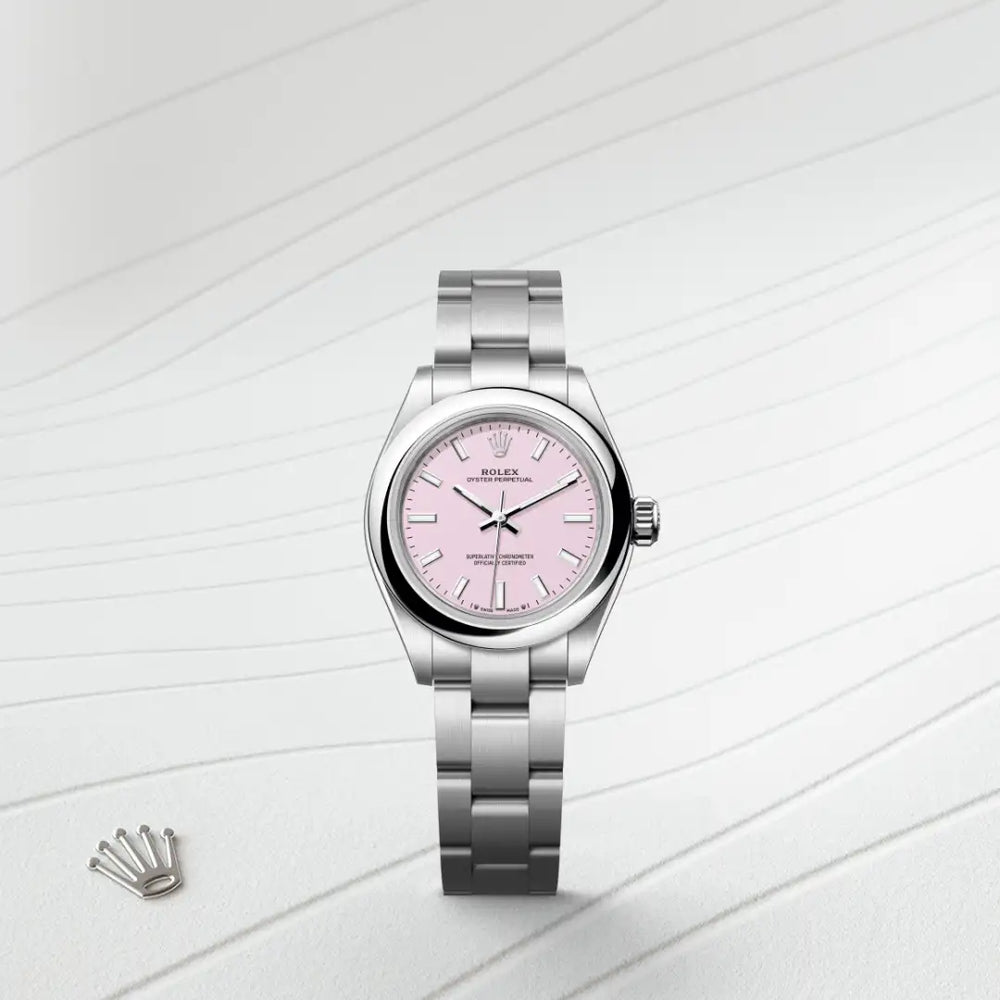 Rolex Oyster Perpetual 28 in Oystersteel with a Candy pink dial, Domed bezel, Oyster, three-piece solid links bracelet