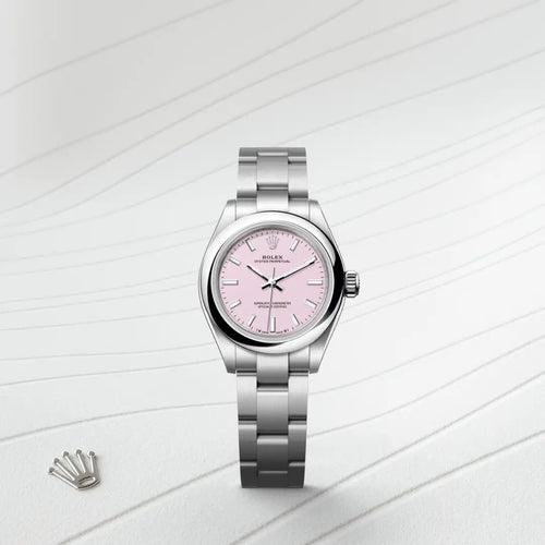 Rolex Oyster Perpetual 28 in Oystersteel with a Candy pink dial, Domed bezel, Oyster, three-piece solid links bracelet
