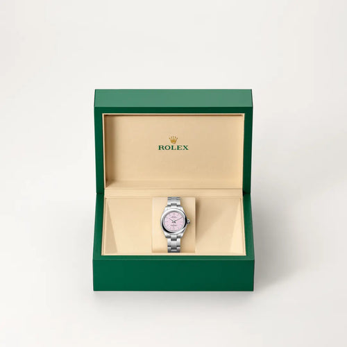 Rolex Oyster Perpetual 28 in Oystersteel with a Candy pink dial, Domed bezel, Oyster, three-piece solid links bracelet