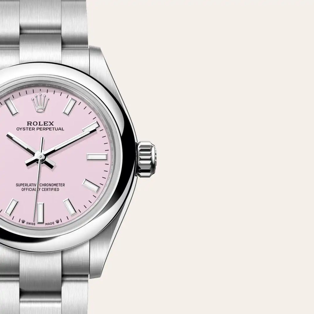 Rolex Oyster Perpetual 28 in Oystersteel with a Candy pink dial, Domed bezel, Oyster, three-piece solid links bracelet
