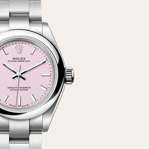 Rolex Oyster Perpetual 28 in Oystersteel with a Candy pink dial, Domed bezel, Oyster, three-piece solid links bracelet