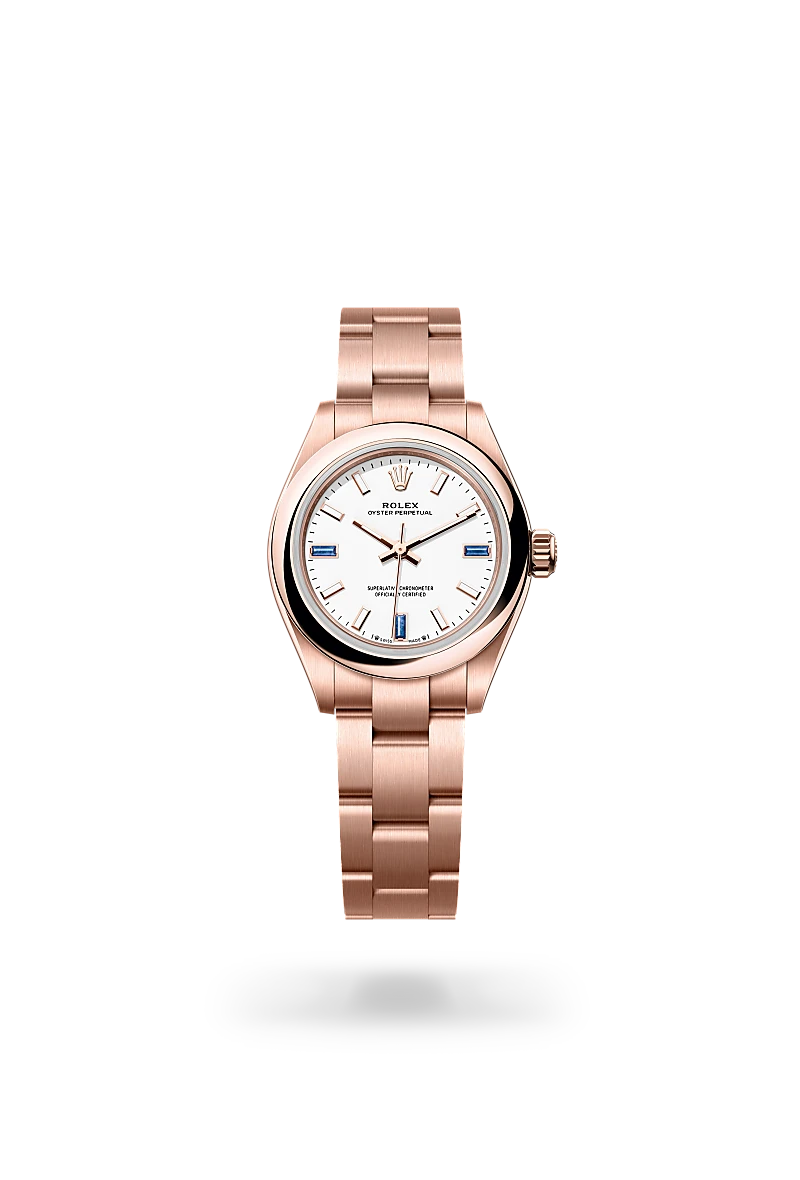 Rolex Oyster Perpetual 28 in 18 ct Everose gold with a White dial, Domed bezel, Oyster, three-piece solid links bracelet
