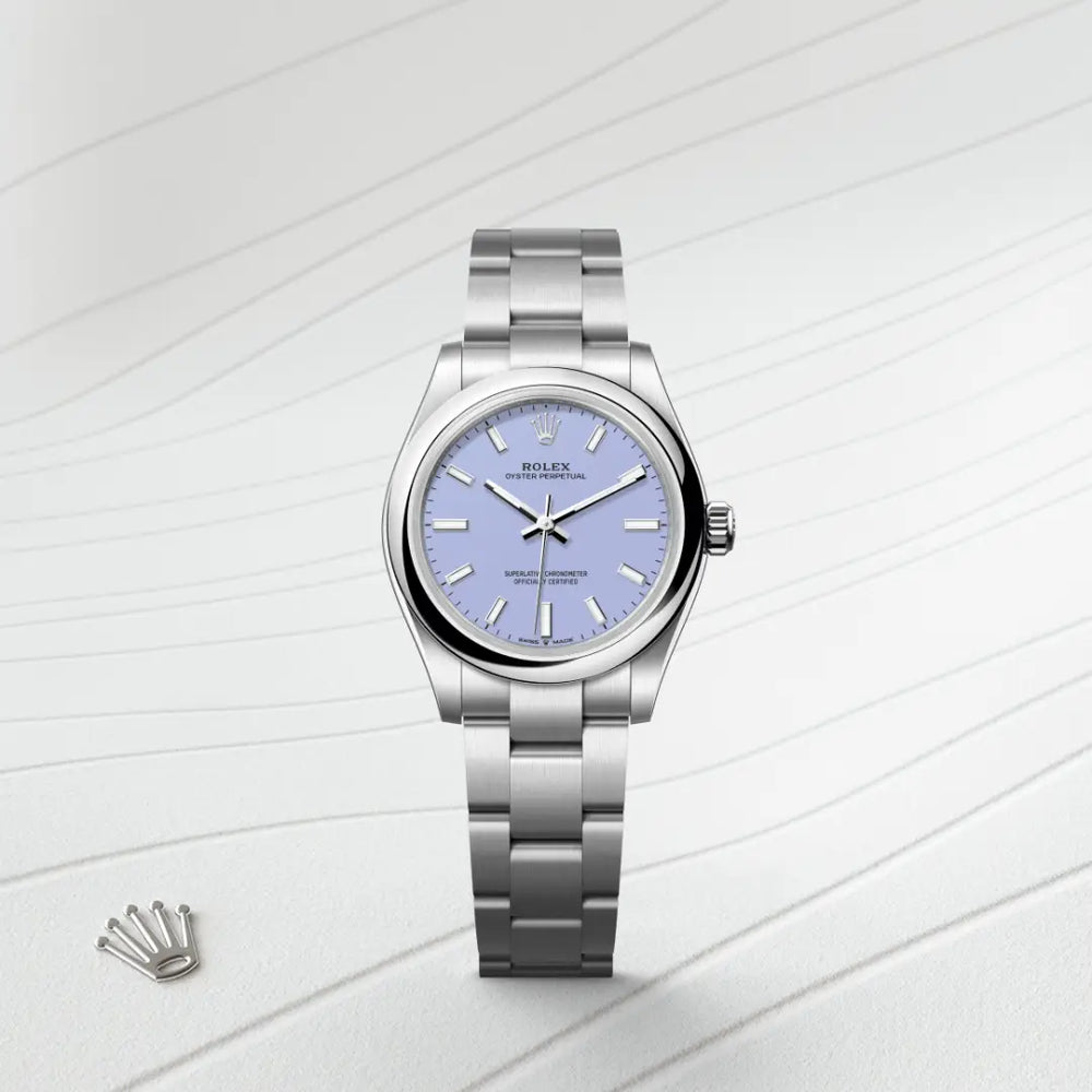 Rolex Oyster Perpetual 31 in Oystersteel with a Lavender dial, Domed bezel, Oyster, three-piece solid links bracelet