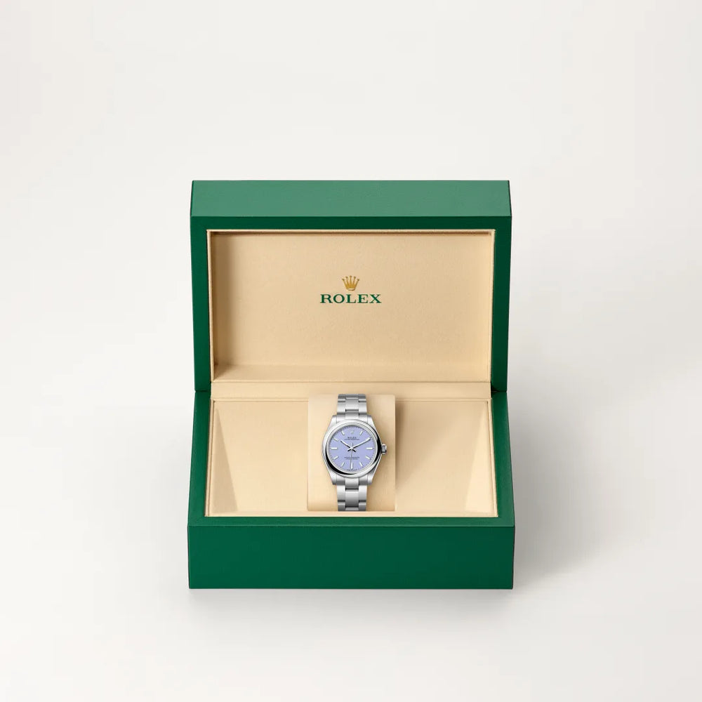 Rolex Oyster Perpetual 31 in Oystersteel with a Lavender dial, Domed bezel, Oyster, three-piece solid links bracelet