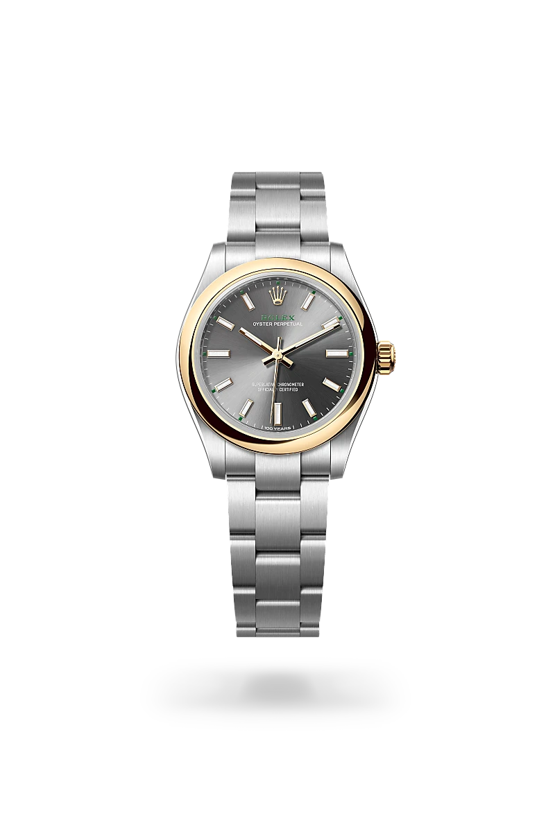 Rolex Oyster Perpetual 31 in Yellow Rolesor - combination of Oystersteel and yellow gold with a Slate dial, Domed bezel, Oyster, three-piece solid links bracelet