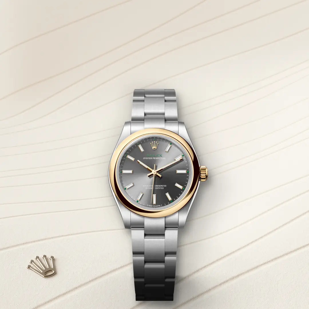 Rolex Oyster Perpetual 31 in Yellow Rolesor - combination of Oystersteel and yellow gold with a Slate dial, Domed bezel, Oyster, three-piece solid links bracelet