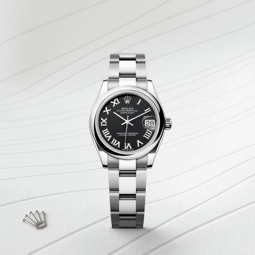 Rolex Datejust 31 in Oystersteel with a Bright black dial, Domed bezel, Oyster, three-piece solid links bracelet