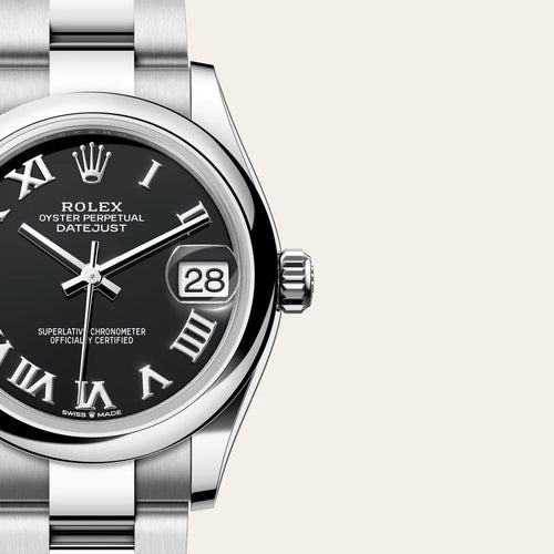 Rolex Datejust 31 in Oystersteel with a Bright black dial, Domed bezel, Oyster, three-piece solid links bracelet