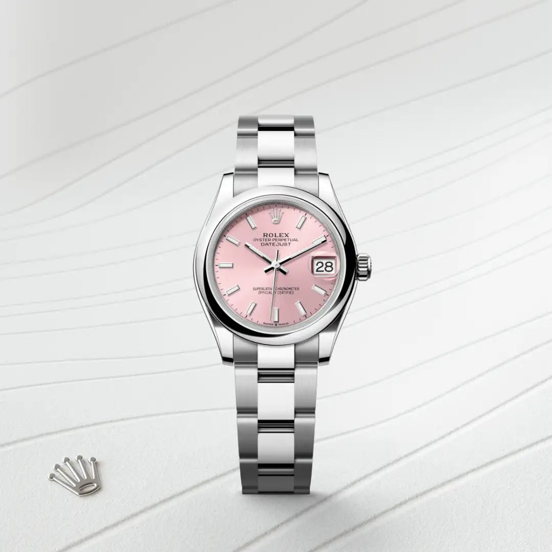 Rolex Datejust 31 in Oystersteel with a Pink dial, Domed bezel, Oyster, three-piece solid links bracelet