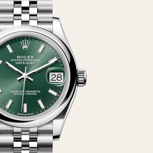 Rolex Datejust 31 in Oystersteel with a Mint green dial, Domed bezel, Jubilee, five-piece links bracelet