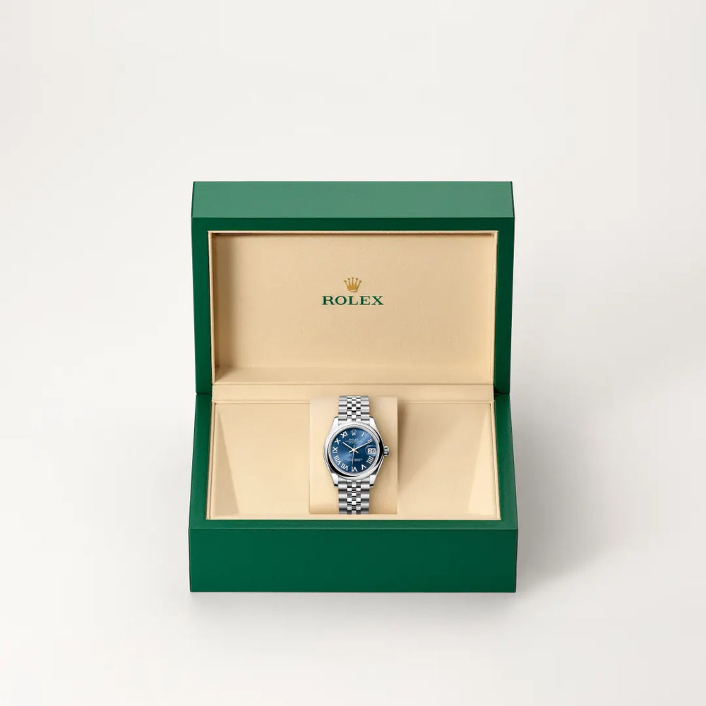 Rolex Datejust 31 in Oystersteel with a Bright blue dial, Domed bezel, Jubilee, five-piece links bracelet