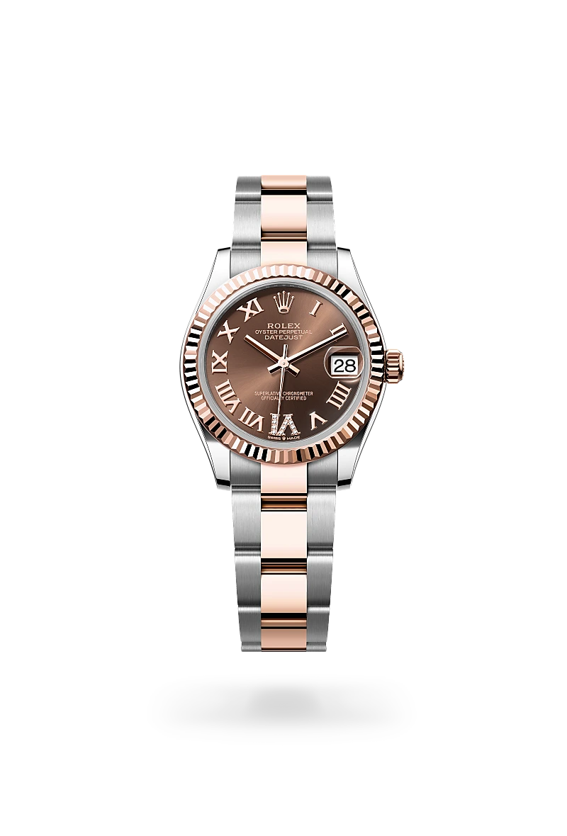 Rolex Datejust 31 in Everose Rolesor - combination of Oystersteel and Everose gold with a Chocolate set with diamonds dial, Fluted bezel, Oyster, three-piece solid links bracelet