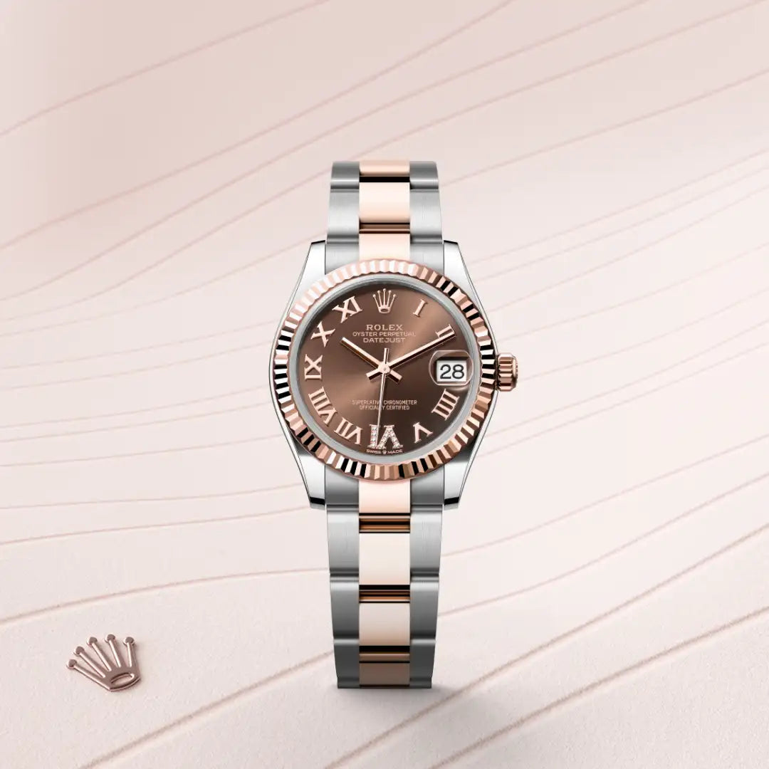 Rolex Datejust 31 in Everose Rolesor - combination of Oystersteel and Everose gold with a Chocolate set with diamonds dial, Fluted bezel, Oyster, three-piece solid links bracelet