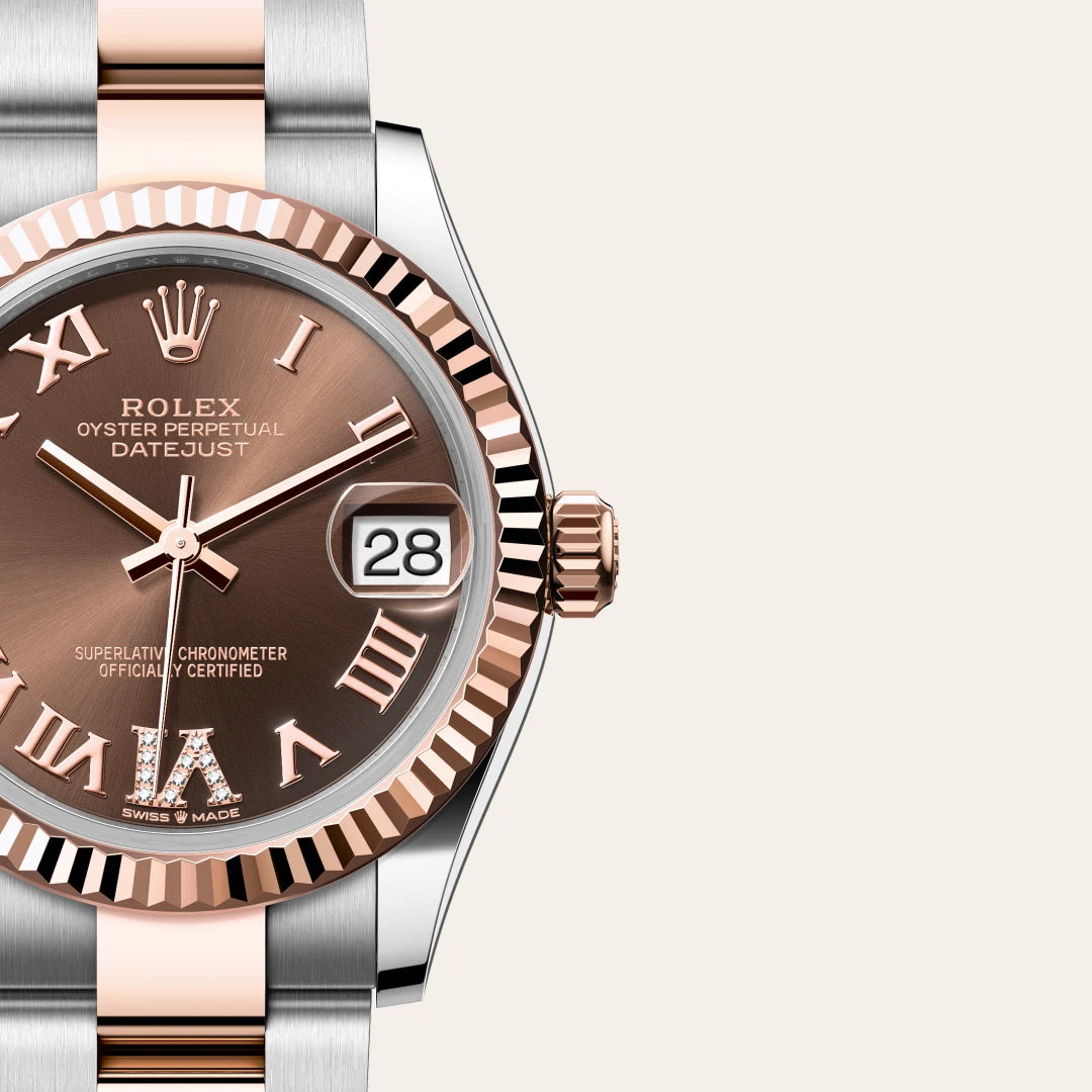 Rolex Datejust 31 in Everose Rolesor - combination of Oystersteel and Everose gold with a Chocolate set with diamonds dial, Fluted bezel, Oyster, three-piece solid links bracelet
