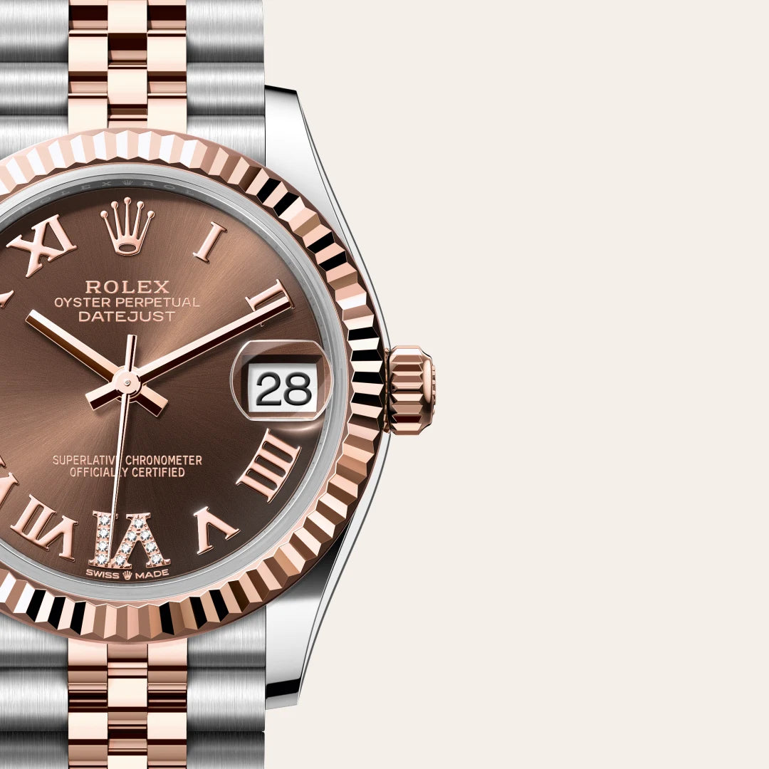 Rolex Datejust 31 in Everose Rolesor - combination of Oystersteel and Everose gold with a Chocolate set with diamonds dial, Fluted bezel, Jubilee, five-piece links bracelet