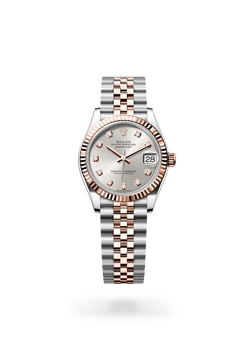 Rolex Datejust 31 in Everose Rolesor - combination of Oystersteel and Everose gold with a Silver set with diamonds dial, Fluted bezel, Jubilee, five-piece links bracelet