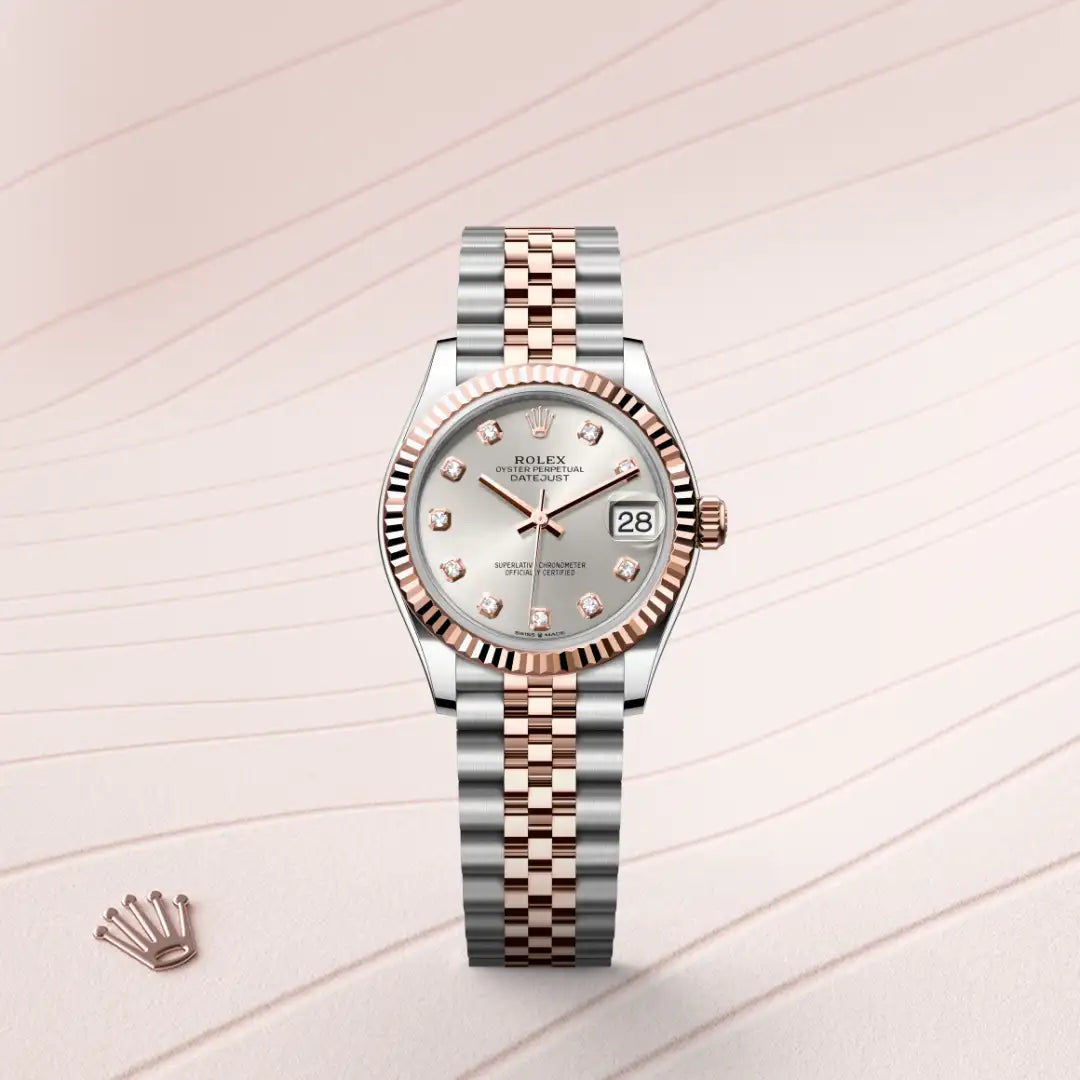 Rolex Datejust 31 in Everose Rolesor - combination of Oystersteel and Everose gold with a Silver set with diamonds dial, Fluted bezel, Jubilee, five-piece links bracelet