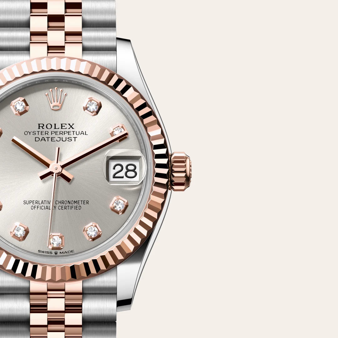Rolex Datejust 31 in Everose Rolesor - combination of Oystersteel and Everose gold with a Silver set with diamonds dial, Fluted bezel, Jubilee, five-piece links bracelet