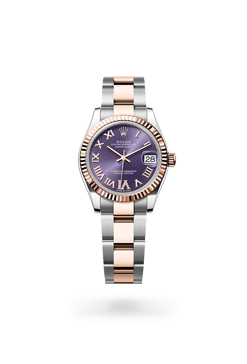 Rolex Datejust 31 in Everose Rolesor - combination of Oystersteel and Everose gold with a Aubergine set with diamonds dial, Fluted bezel, Oyster, three-piece solid links bracelet