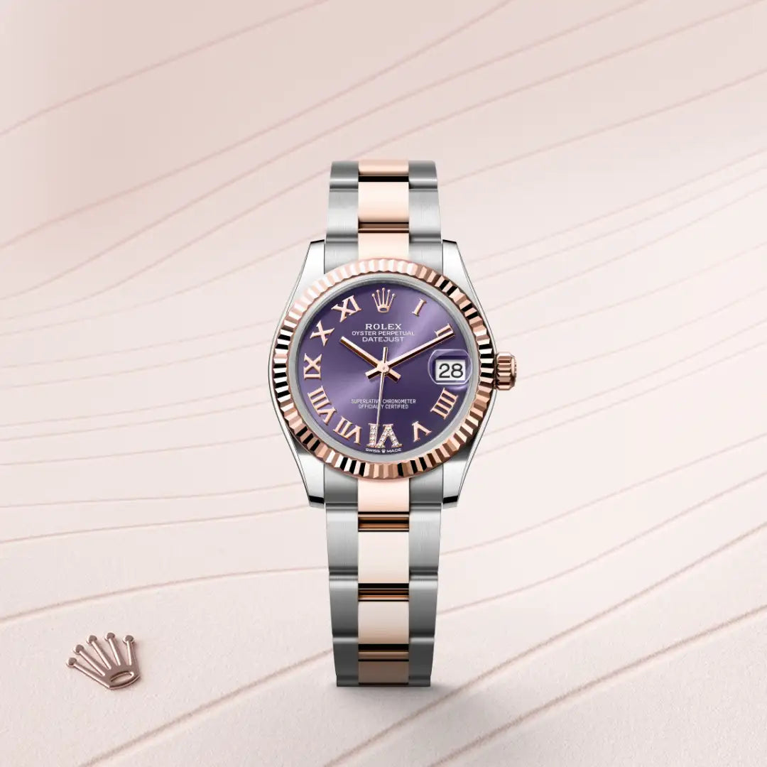 Rolex Datejust 31 in Everose Rolesor - combination of Oystersteel and Everose gold with a Aubergine set with diamonds dial, Fluted bezel, Oyster, three-piece solid links bracelet