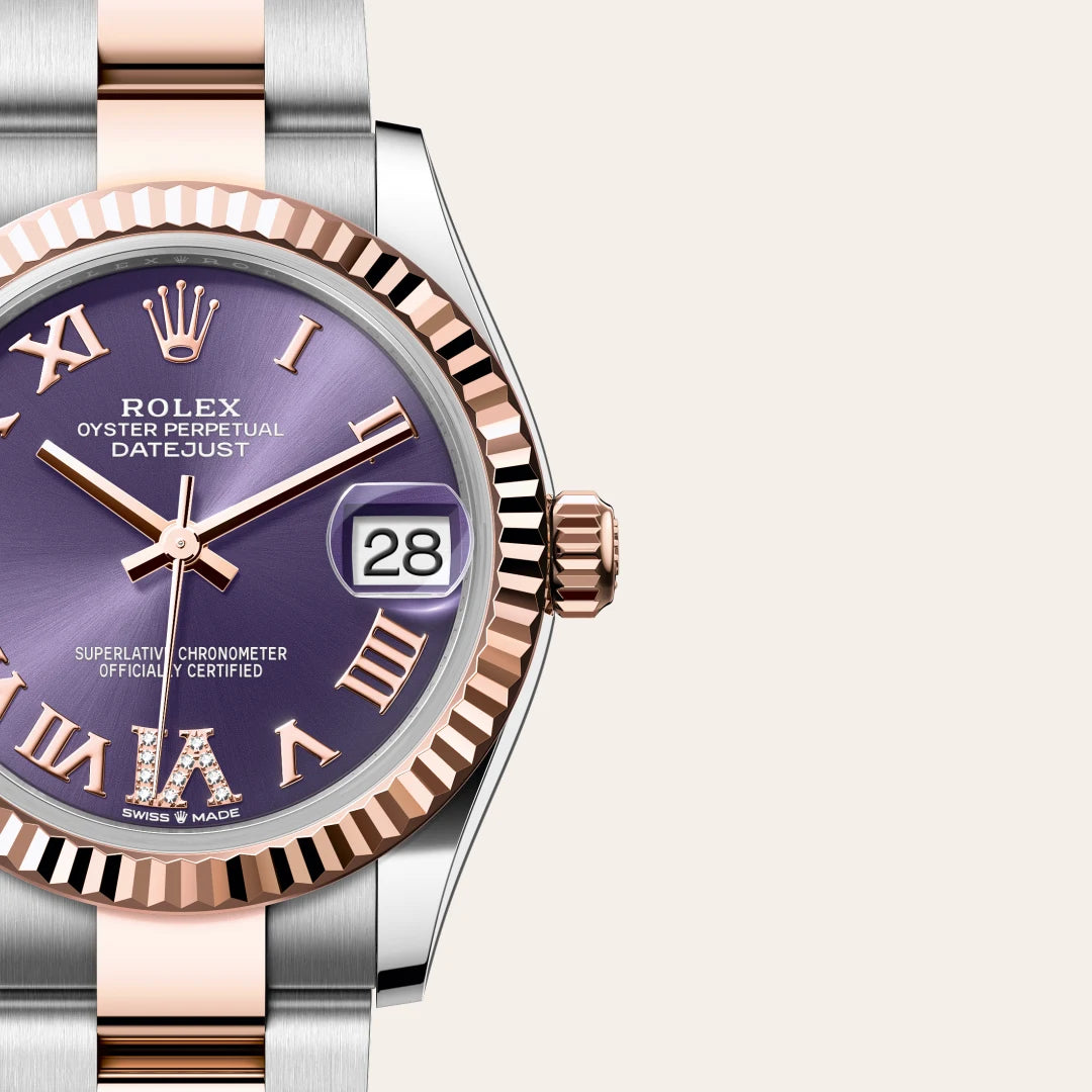 Rolex Datejust 31 in Everose Rolesor - combination of Oystersteel and Everose gold with a Aubergine set with diamonds dial, Fluted bezel, Oyster, three-piece solid links bracelet