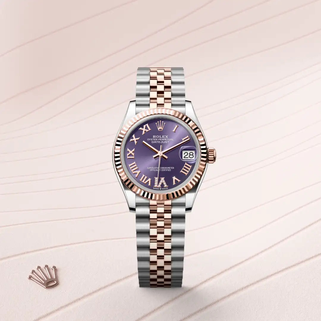 Rolex Datejust 31 in Everose Rolesor - combination of Oystersteel and Everose gold with a Aubergine set with diamonds dial, Fluted bezel, Jubilee, five-piece links bracelet