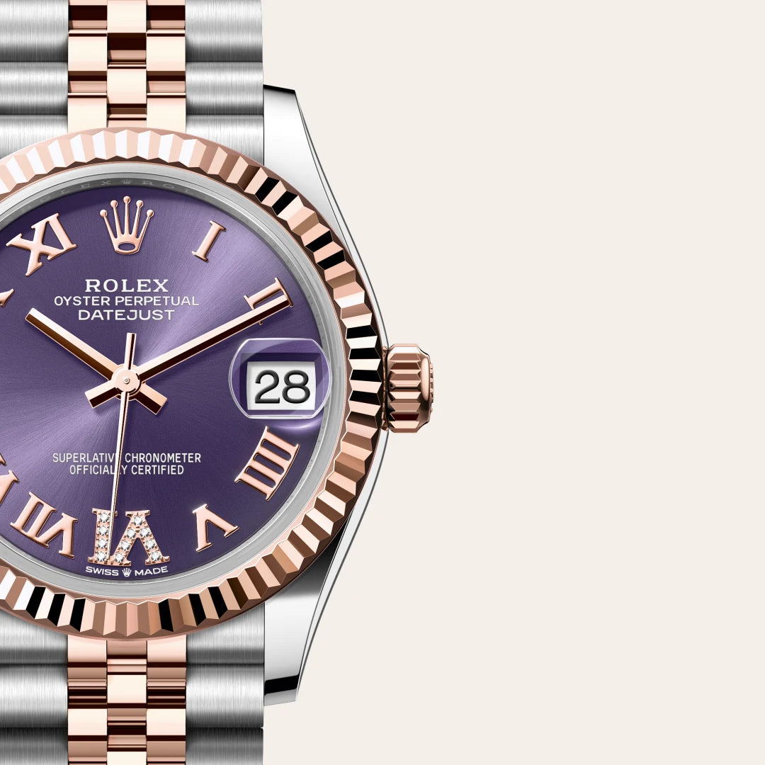Rolex Datejust 31 in Everose Rolesor - combination of Oystersteel and Everose gold with a Aubergine set with diamonds dial, Fluted bezel, Jubilee, five-piece links bracelet