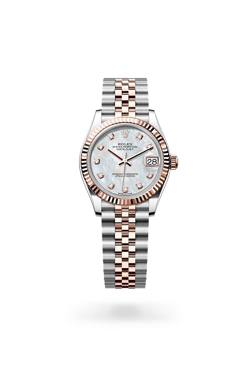 Rolex Datejust 31 in Everose Rolesor - combination of Oystersteel and Everose gold with a White mother-of-pearl set with diamonds dial, Fluted bezel, Jubilee, five-piece links bracelet