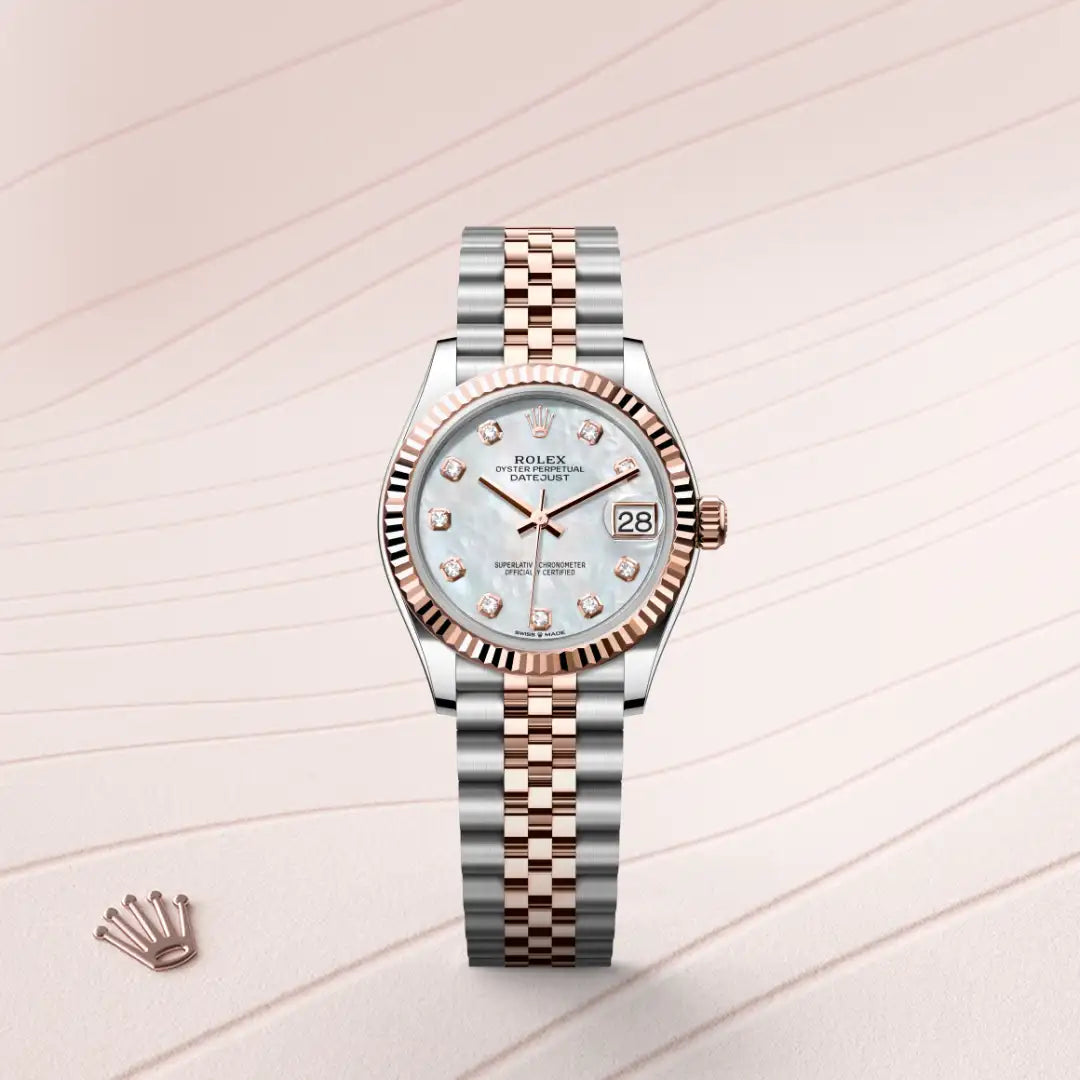 Rolex Datejust 31 in Everose Rolesor - combination of Oystersteel and Everose gold with a White mother-of-pearl set with diamonds dial, Fluted bezel, Jubilee, five-piece links bracelet