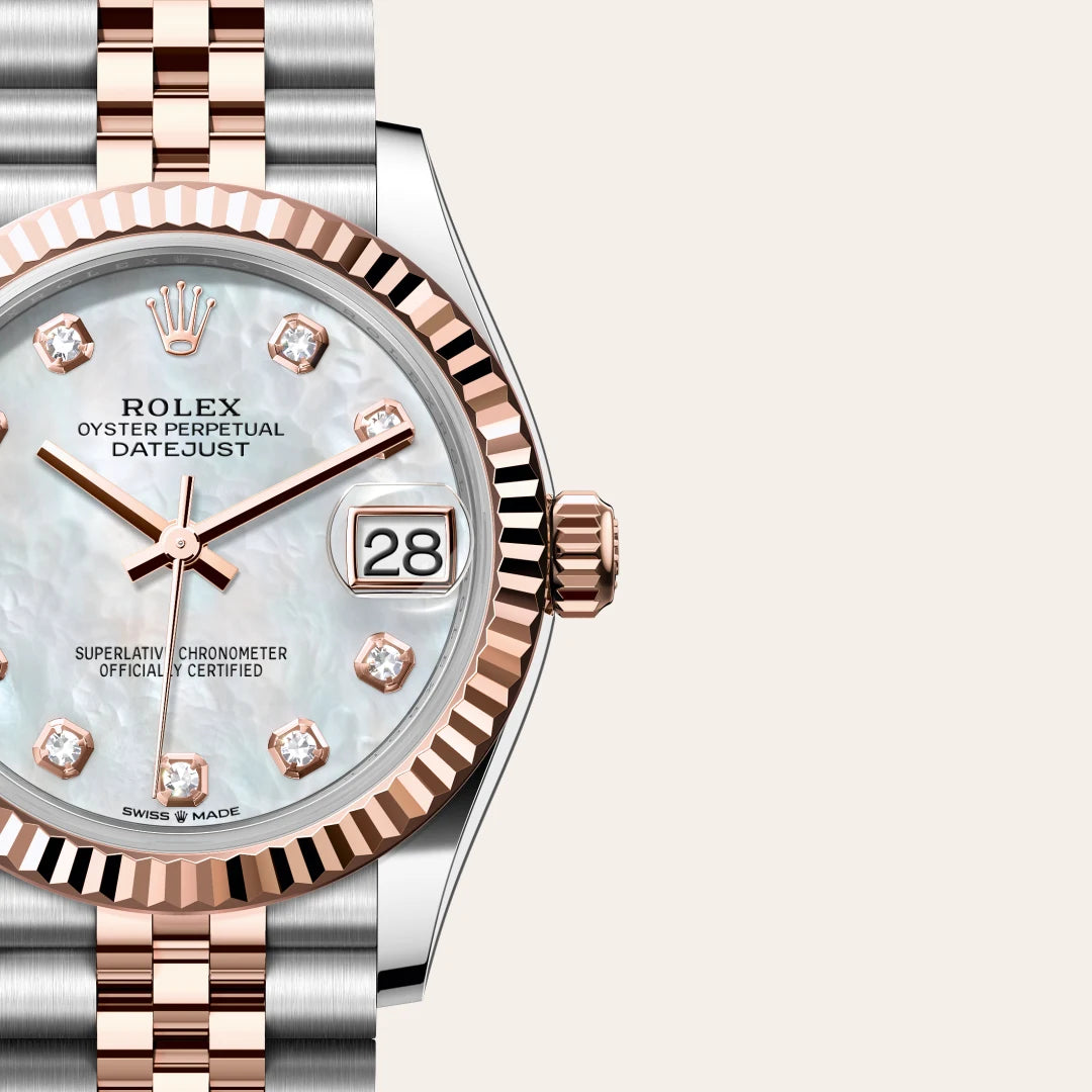 Rolex Datejust 31 in Everose Rolesor - combination of Oystersteel and Everose gold with a White mother-of-pearl set with diamonds dial, Fluted bezel, Jubilee, five-piece links bracelet