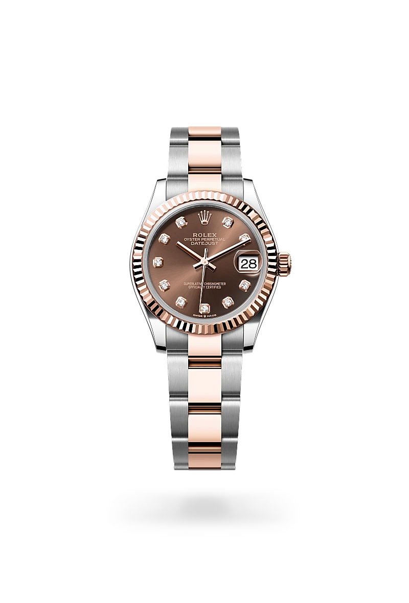 Rolex Datejust 31 in Everose Rolesor - combination of Oystersteel and Everose gold with a Chocolate set with diamonds dial, Fluted bezel, Oyster, three-piece solid links bracelet