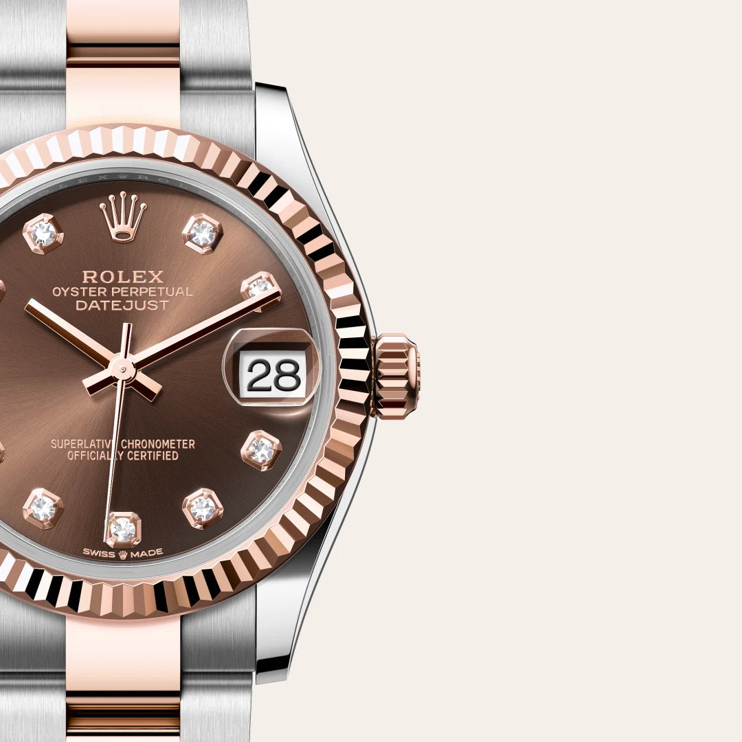 Rolex Datejust 31 in Everose Rolesor - combination of Oystersteel and Everose gold with a Chocolate set with diamonds dial, Fluted bezel, Oyster, three-piece solid links bracelet