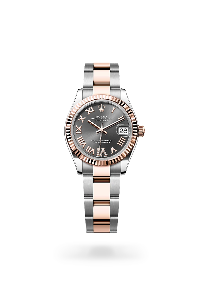 Rolex Datejust 31 in Everose Rolesor - combination of Oystersteel and Everose gold with a Slate set with diamonds dial, Fluted bezel, Oyster, three-piece solid links bracelet
