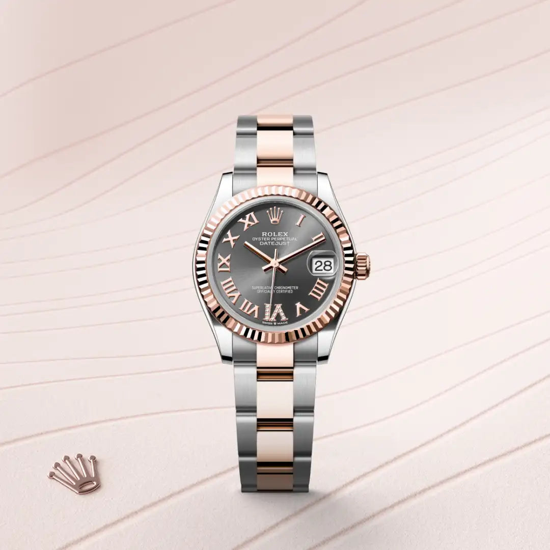 Rolex Datejust 31 in Everose Rolesor - combination of Oystersteel and Everose gold with a Slate set with diamonds dial, Fluted bezel, Oyster, three-piece solid links bracelet