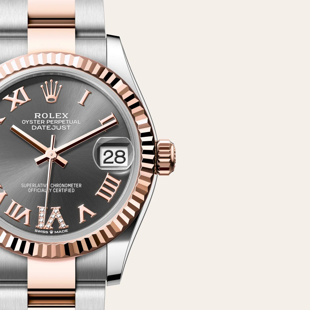 Rolex Datejust 31 in Everose Rolesor - combination of Oystersteel and Everose gold with a Slate set with diamonds dial, Fluted bezel, Oyster, three-piece solid links bracelet