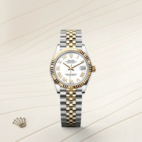 Rolex Datejust 31 in Yellow Rolesor - combination of Oystersteel and yellow gold with a White dial, Fluted bezel, Jubilee, five-piece links bracelet