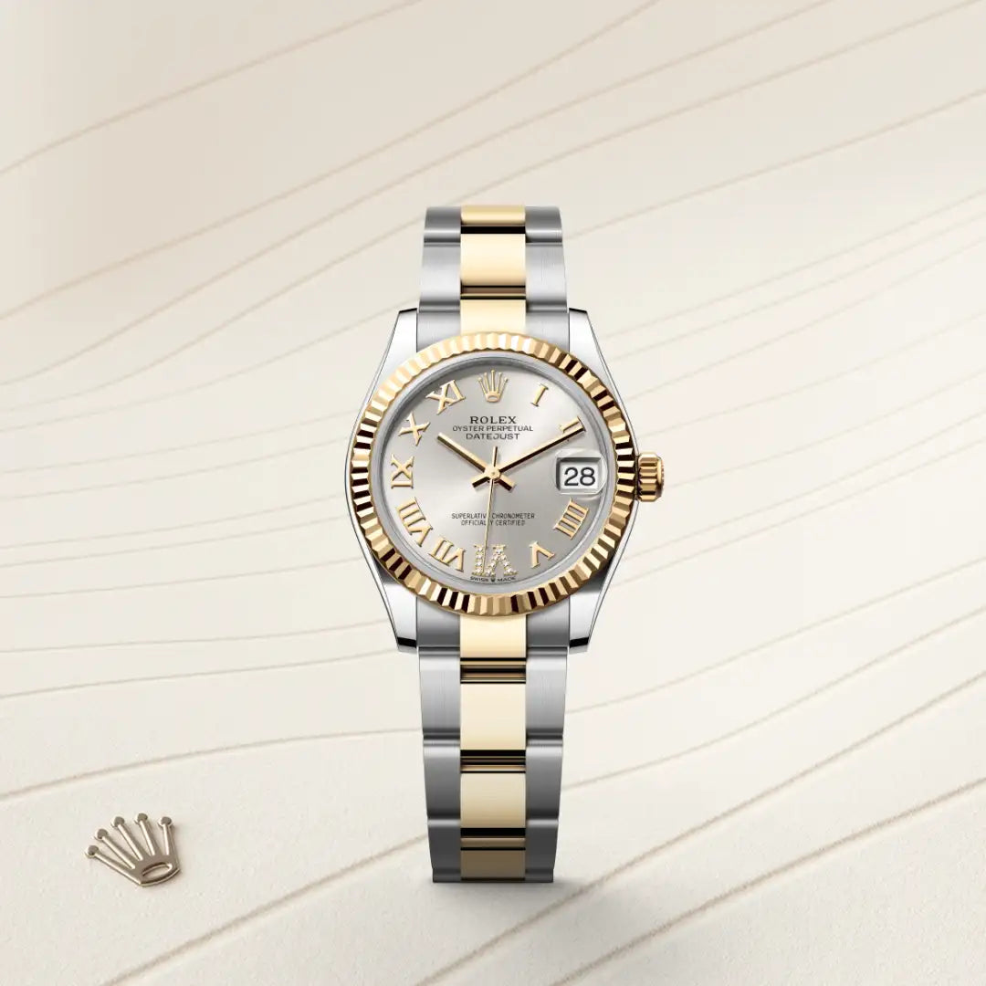 Rolex Datejust 31 in Yellow Rolesor - combination of Oystersteel and yellow gold with a Silver set with diamonds dial, Fluted bezel, Oyster, three-piece solid links bracelet