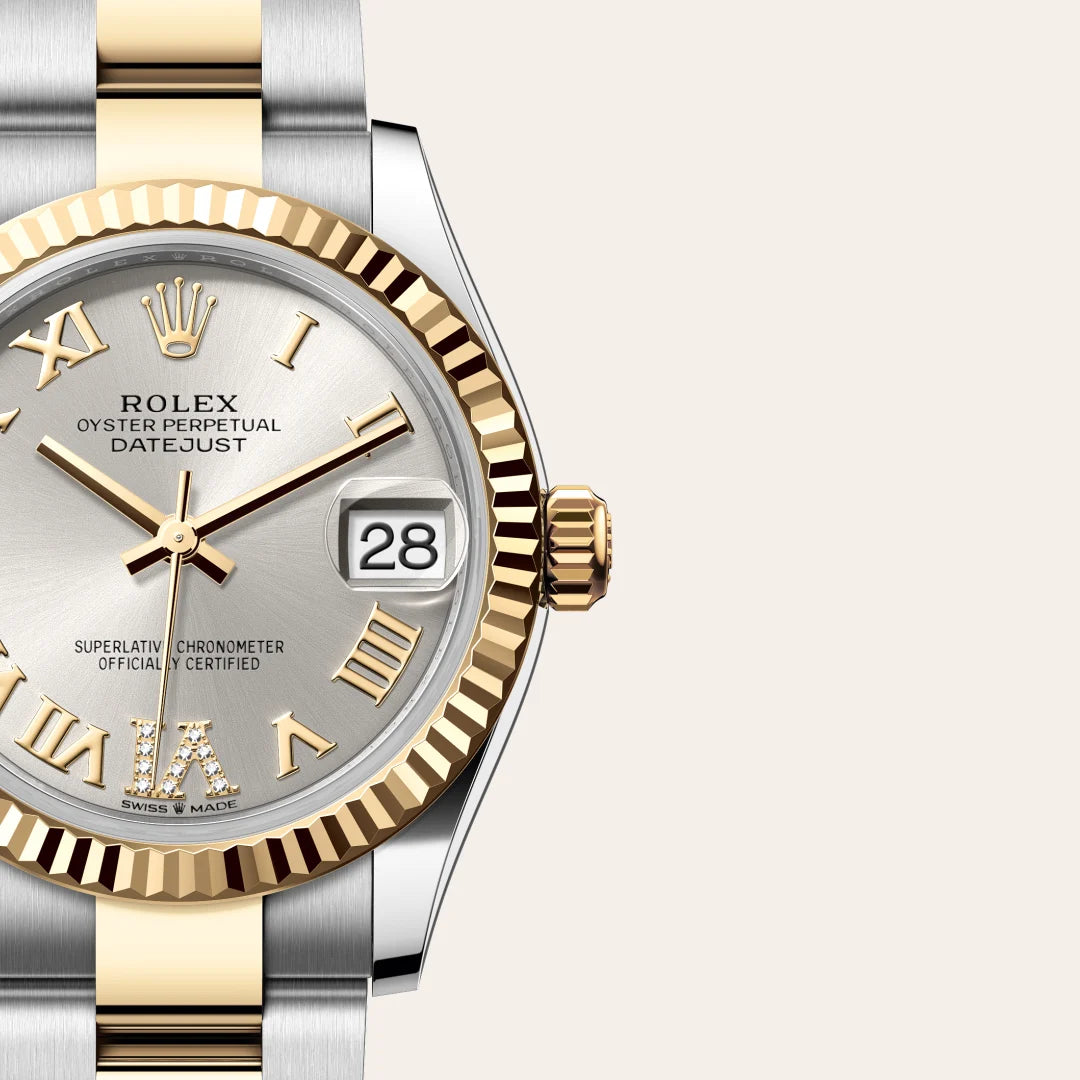 Rolex Datejust 31 in Yellow Rolesor - combination of Oystersteel and yellow gold with a Silver set with diamonds dial, Fluted bezel, Oyster, three-piece solid links bracelet
