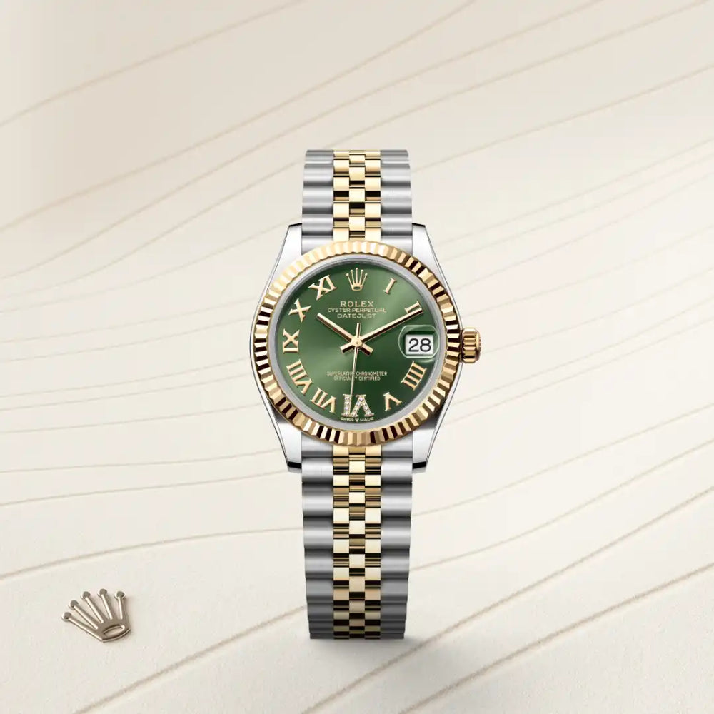 Rolex Datejust 31 in Yellow Rolesor - combination of Oystersteel and yellow gold with a Olive green set with diamonds dial, Fluted bezel, Jubilee, five-piece links bracelet