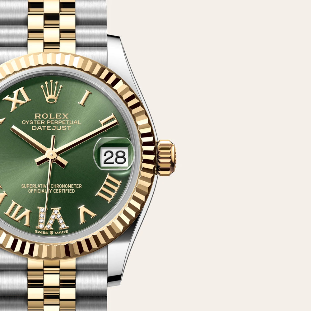 Rolex Datejust 31 in Yellow Rolesor - combination of Oystersteel and yellow gold with a Olive green set with diamonds dial, Fluted bezel, Jubilee, five-piece links bracelet