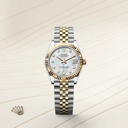 Rolex Datejust 31 in Yellow Rolesor - combination of Oystersteel and yellow gold with a White mother-of-pearl set with diamonds dial, Fluted bezel, Jubilee, five-piece links bracelet