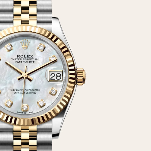 Rolex Datejust 31 in Yellow Rolesor - combination of Oystersteel and yellow gold with a White mother-of-pearl set with diamonds dial, Fluted bezel, Jubilee, five-piece links bracelet