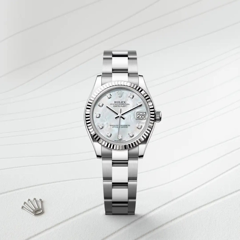 Rolex Datejust 31 in White Rolesor - combination of Oystersteel and white gold with a White mother-of-pearl set with diamonds dial, Fluted bezel, Oyster, three-piece solid links bracelet