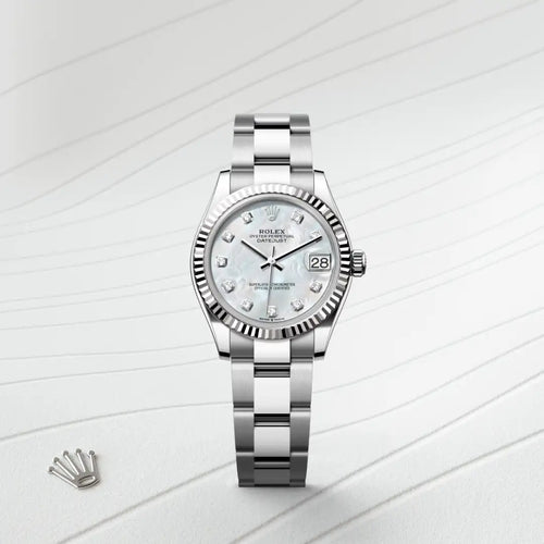 Rolex Datejust 31 in White Rolesor - combination of Oystersteel and white gold with a White mother-of-pearl set with diamonds dial, Fluted bezel, Oyster, three-piece solid links bracelet