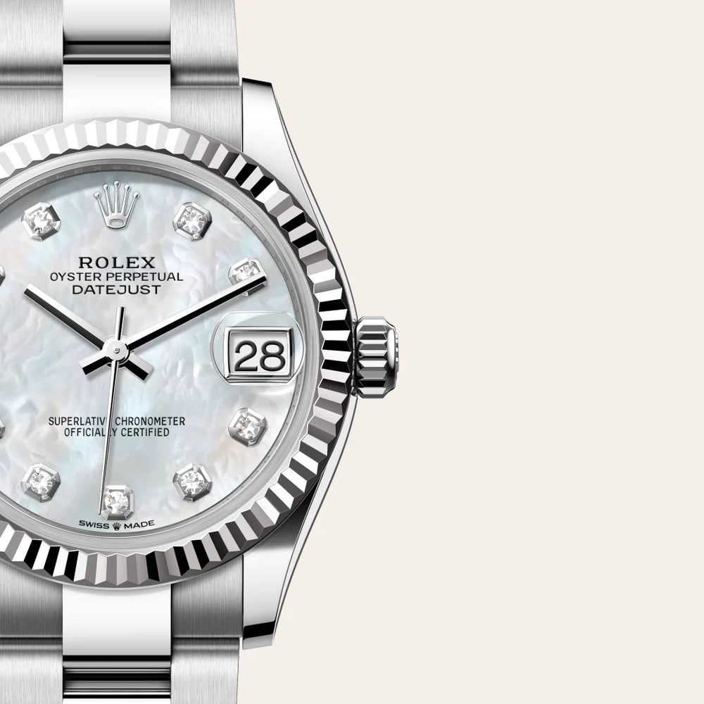 Rolex Datejust 31 in White Rolesor - combination of Oystersteel and white gold with a White mother-of-pearl set with diamonds dial, Fluted bezel, Oyster, three-piece solid links bracelet