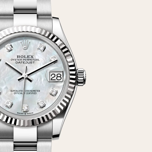 Rolex Datejust 31 in White Rolesor - combination of Oystersteel and white gold with a White mother-of-pearl set with diamonds dial, Fluted bezel, Oyster, three-piece solid links bracelet