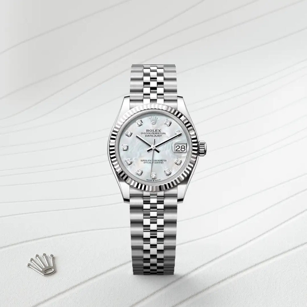Rolex Datejust 31 in White Rolesor - combination of Oystersteel and white gold with a White mother-of-pearl set with diamonds dial, Fluted bezel, Jubilee, five-piece links bracelet