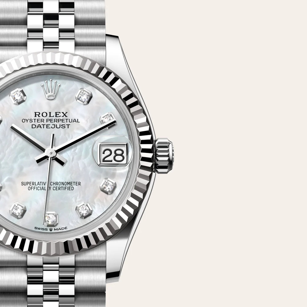 Rolex Datejust 31 in White Rolesor - combination of Oystersteel and white gold with a White mother-of-pearl set with diamonds dial, Fluted bezel, Jubilee, five-piece links bracelet